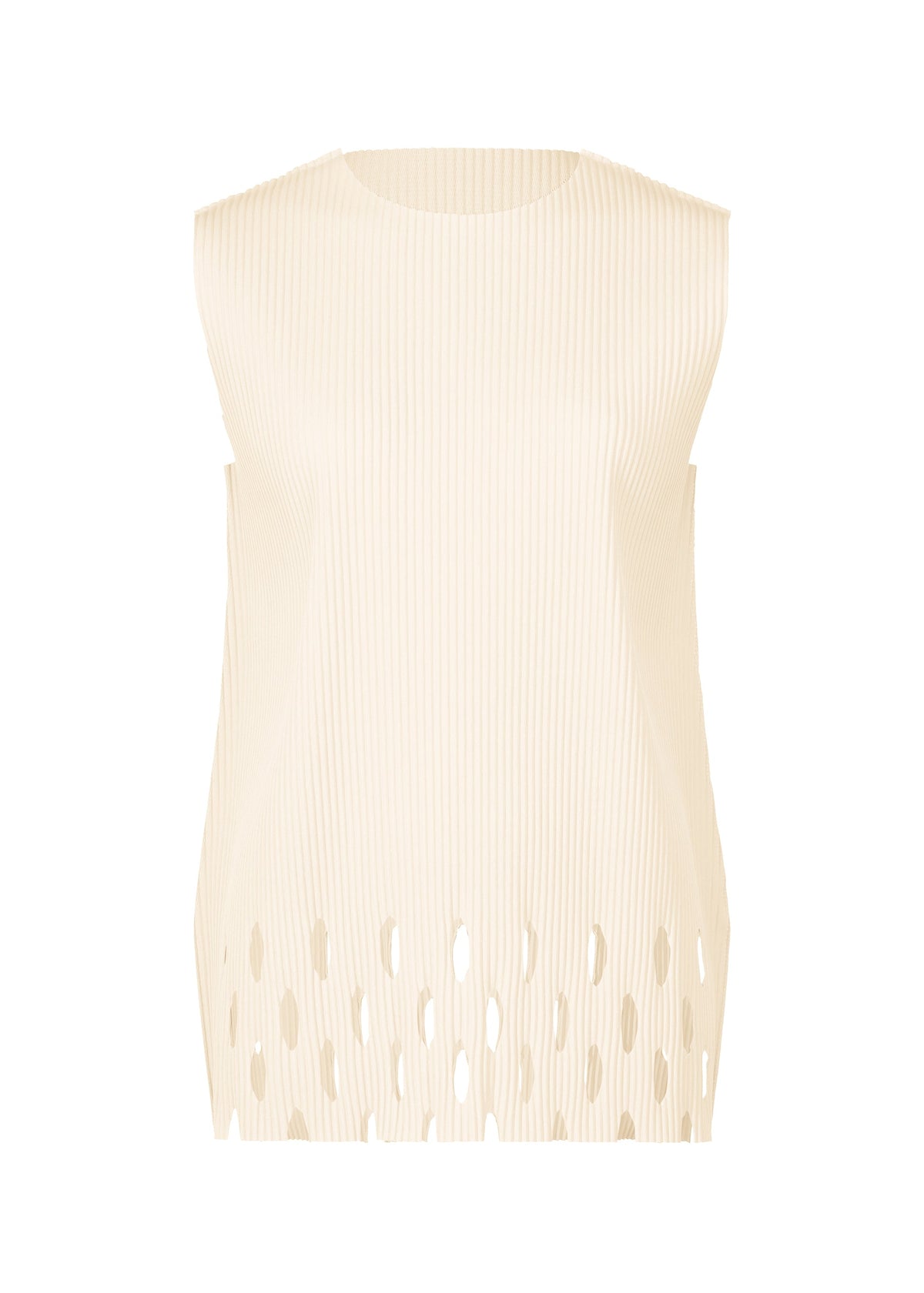 The APERTURE PLEATS top by me ISSEY MIYAKE features a sleeveless, cream design with fine knit pleats and laser-cut oval holes at the hem, offering a modern, minimalistic look in a lightweight, relaxed-fit knit. view 1 of 7