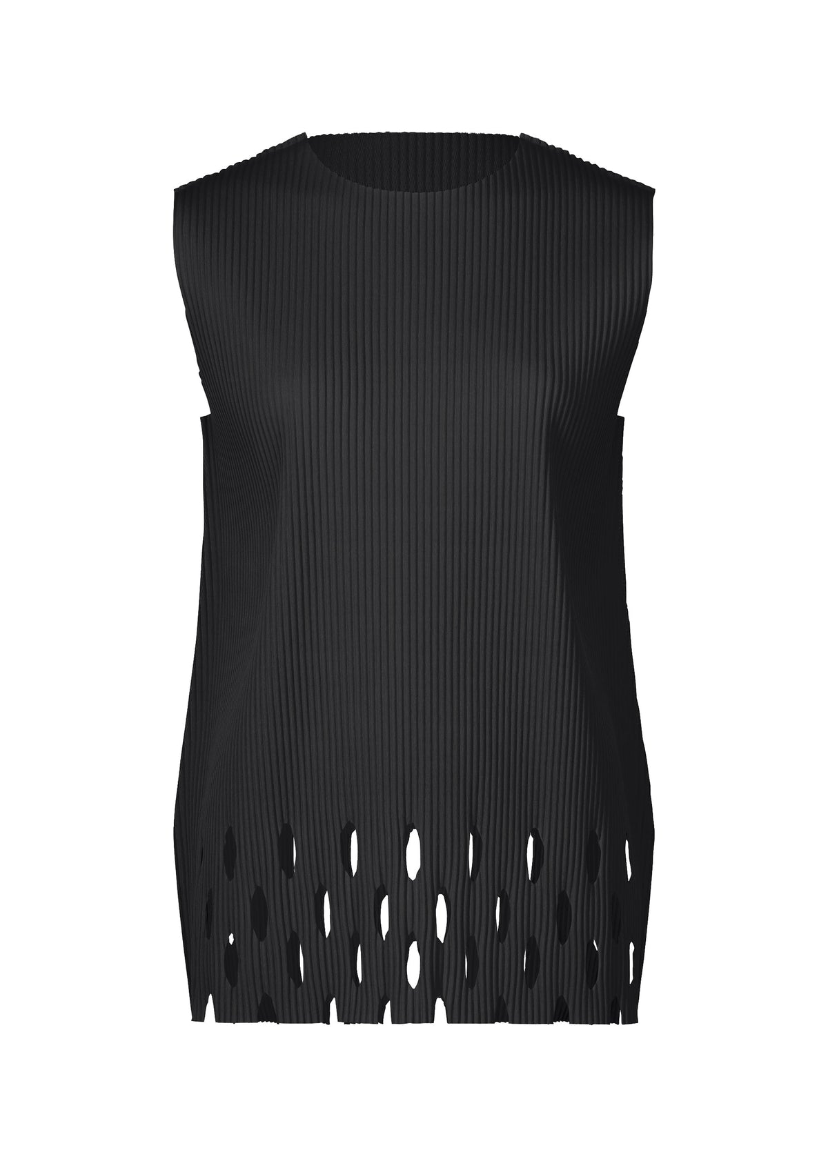 The APERTURE PLEATS by me ISSEY MIYAKE is a black sleeveless top with a high neckline, ribbed texture, and irregular oval cutouts at the hem. Made from lightweight knit, it is shown against a plain white background. view 2 of 7