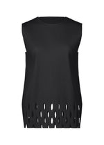 The APERTURE PLEATS by me ISSEY MIYAKE is a black sleeveless top with a high neckline, ribbed texture, and irregular oval cutouts at the hem. Made from lightweight knit, it is shown against a plain white background. - BLACK (no.15)