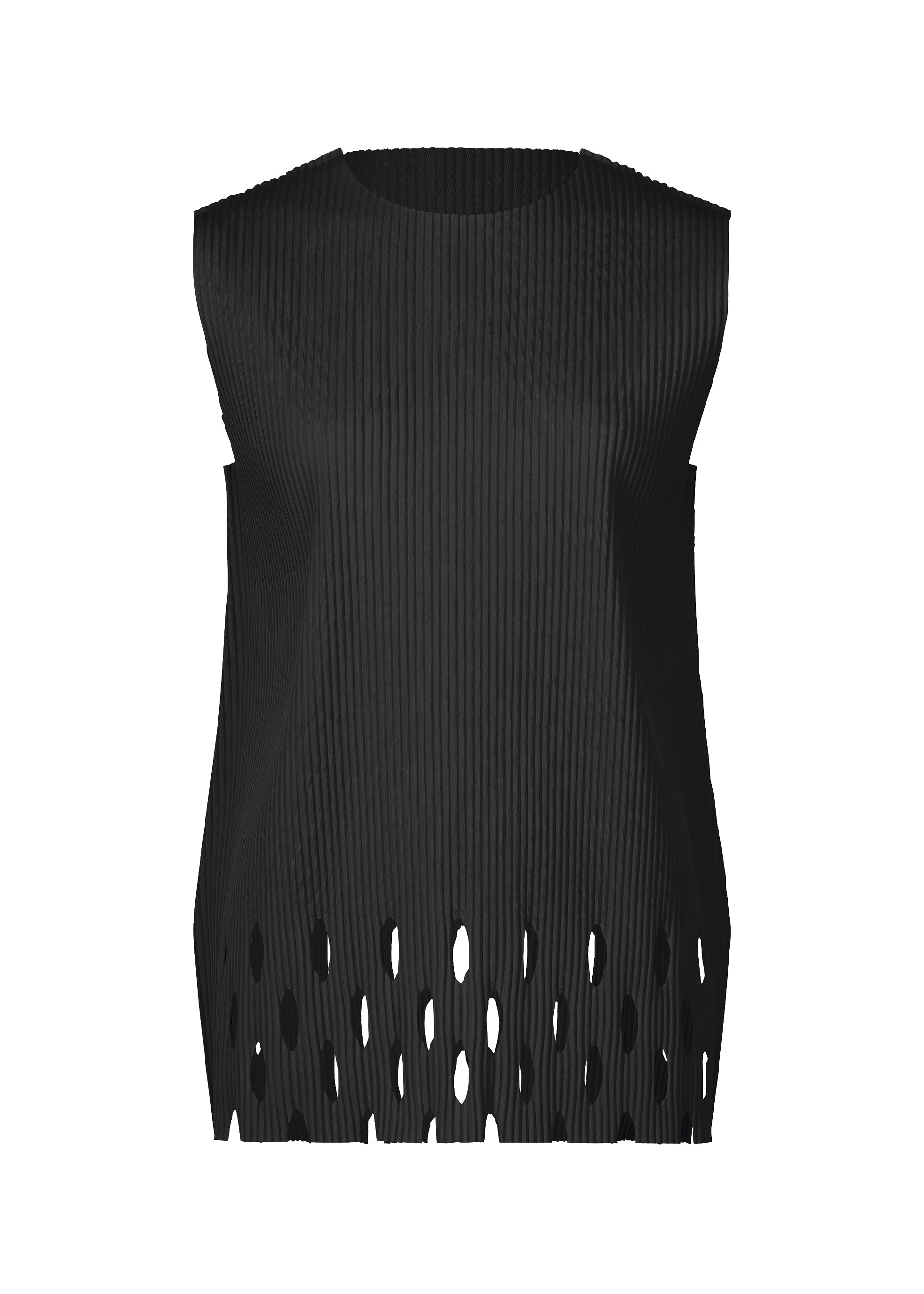 Zoomed view The APERTURE PLEATS by me ISSEY MIYAKE is a black sleeveless top with a high neckline, ribbed texture, and irregular oval cutouts at the hem. Made from lightweight knit, it is shown against a plain white background. - BLACK (no.15)