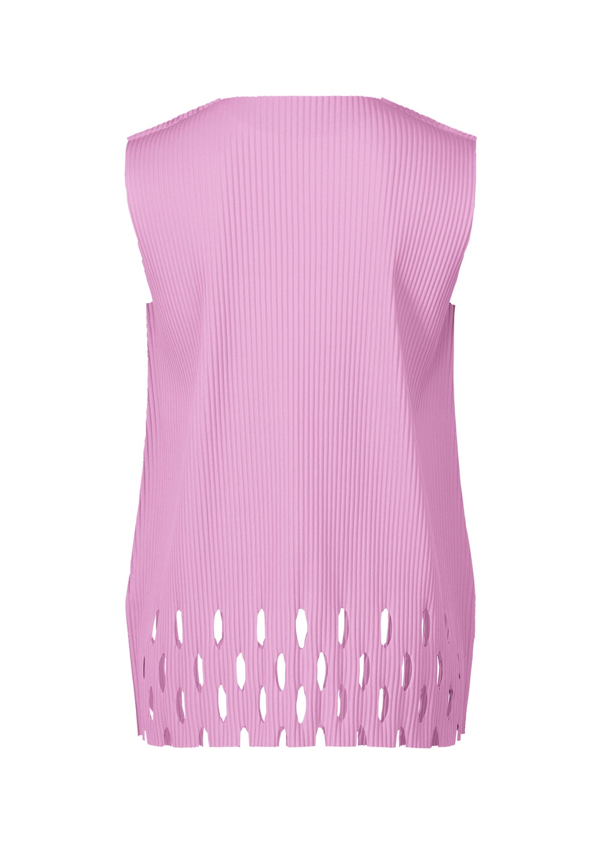 The back of the APERTURE PLEATS top by me ISSEY MIYAKE is shown—sleeveless, light pink with a high neckline, uneven hem, large oval cutouts along the bottom edge, and crafted from lightweight pleated knit for texture. view 4 of 7