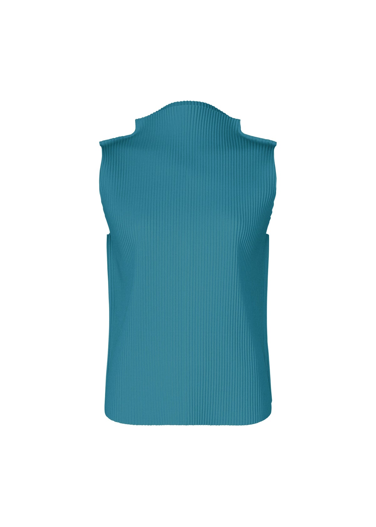 The ROUND PLEATS sleeveless knit top by me ISSEY MIYAKE features fine teal blue pleats, a high sculpted neckline, and structured shoulders, shown against a white background. view 3 of 7