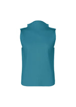The ROUND PLEATS sleeveless knit top by me ISSEY MIYAKE features fine teal blue pleats, a high sculpted neckline, and structured shoulders, shown against a white background. - NIGHT BLUE （no.71）
