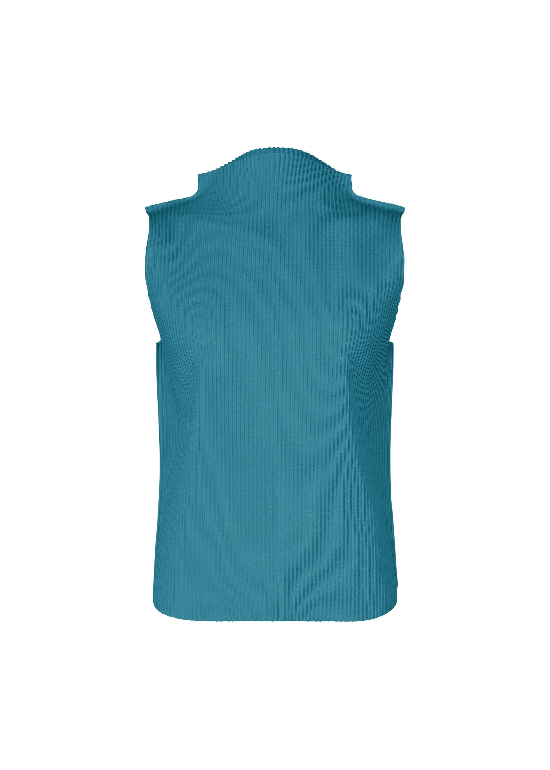 Zoomed view The ROUND PLEATS sleeveless knit top by me ISSEY MIYAKE features fine teal blue pleats, a high sculpted neckline, and structured shoulders, shown against a white background. - NIGHT BLUE （no.71）