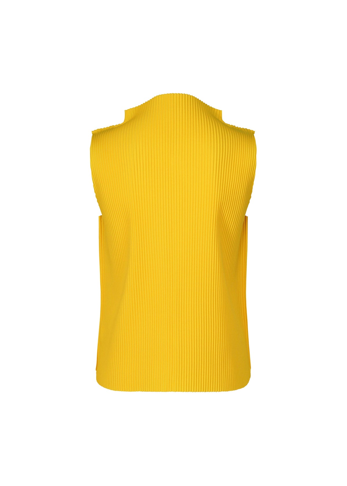 The ROUND PLEATS sleeveless ribbed yellow knit top by me ISSEY MIYAKE is shown from the back on a plain white background, featuring a high neckline, structured shoulders, and pleated detailing. view 4 of 7