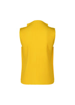 The ROUND PLEATS sleeveless ribbed yellow knit top by me ISSEY MIYAKE is shown from the back on a plain white background, featuring a high neckline, structured shoulders, and pleated detailing.