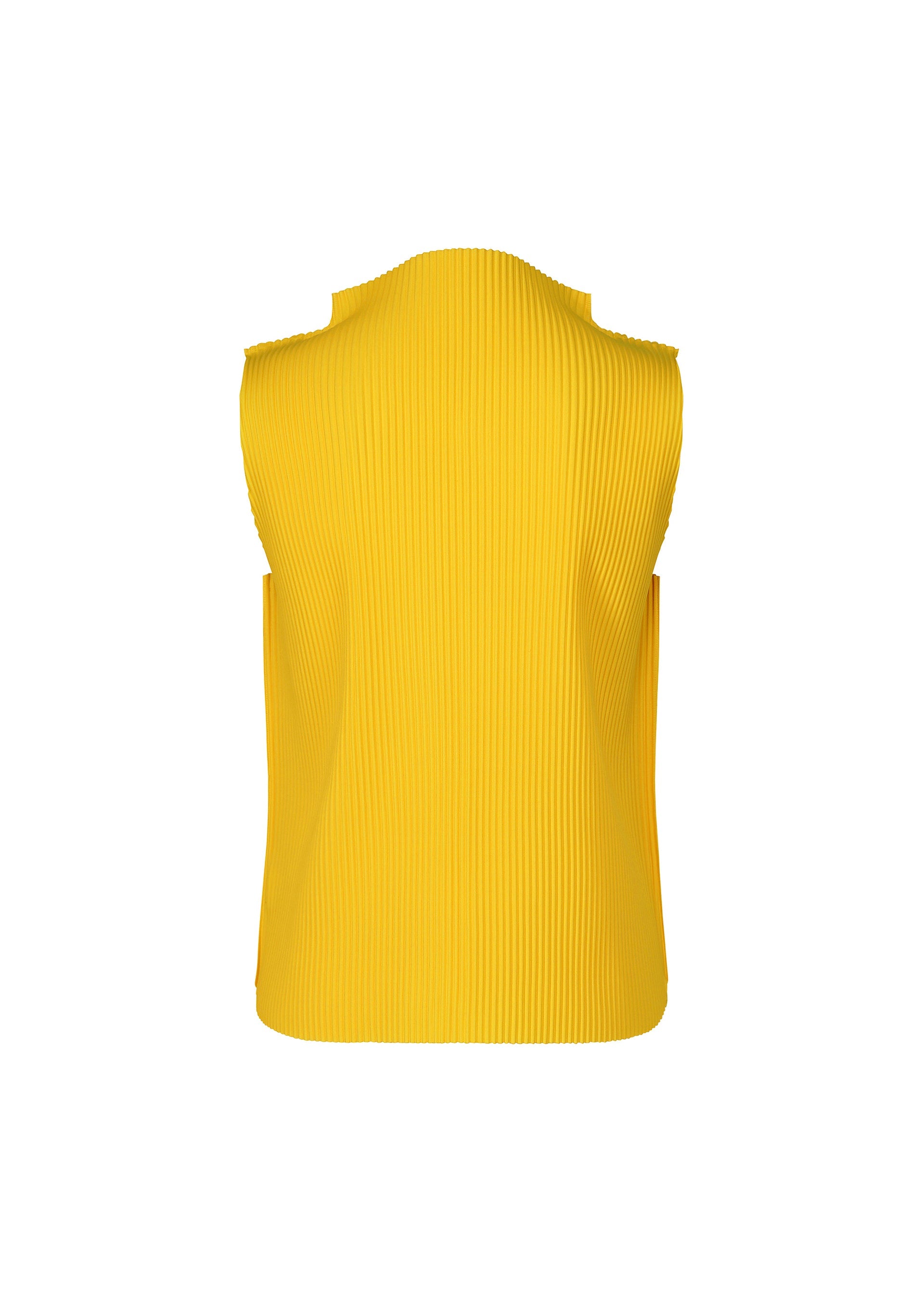 Zoomed view The ROUND PLEATS sleeveless ribbed yellow knit top by me ISSEY MIYAKE is shown from the back on a plain white background, featuring a high neckline, structured shoulders, and pleated detailing.