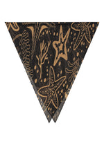 The STARFISH PLEATS STOLE by me ISSEY MIYAKE features a black triangular design with tan seaweed, starfish, coral motifs, and small dots for an ocean-inspired look. - BLACK-HUED （no.19）