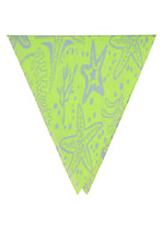 The STARFISH PLEATS STOLE by me ISSEY MIYAKE is a light green triangular scarf with light blue starfish, seaweed motifs, and dots, shown on a white background. - LIME YELLOW-HUED （no.58）