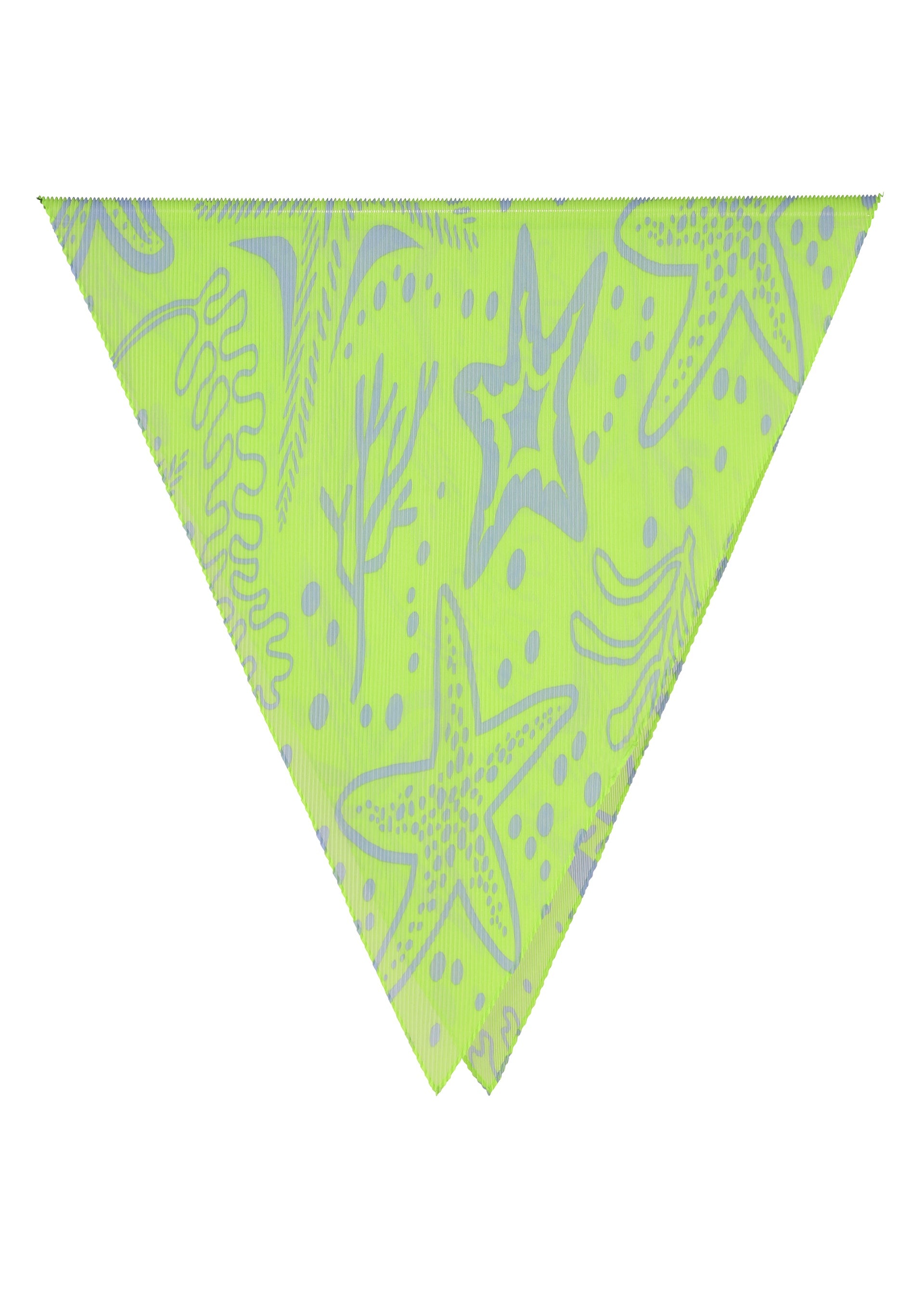 Zoomed view The STARFISH PLEATS STOLE by me ISSEY MIYAKE is a light green triangular scarf with light blue starfish, seaweed motifs, and dots, shown on a white background. - LIME YELLOW-HUED （no.58）