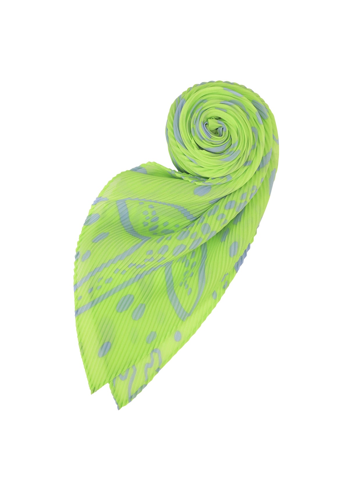 The STARFISH PLEATS STOLE by me ISSEY MIYAKE is a pleated, leaf-shaped accessory in light green with blue seaweed motifs and abstract patterns, neatly rolled from one end and displayed against a white background. view 4 of 6