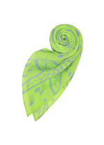 The STARFISH PLEATS STOLE by me ISSEY MIYAKE is a pleated, leaf-shaped accessory in light green with blue seaweed motifs and abstract patterns, neatly rolled from one end and displayed against a white background.
