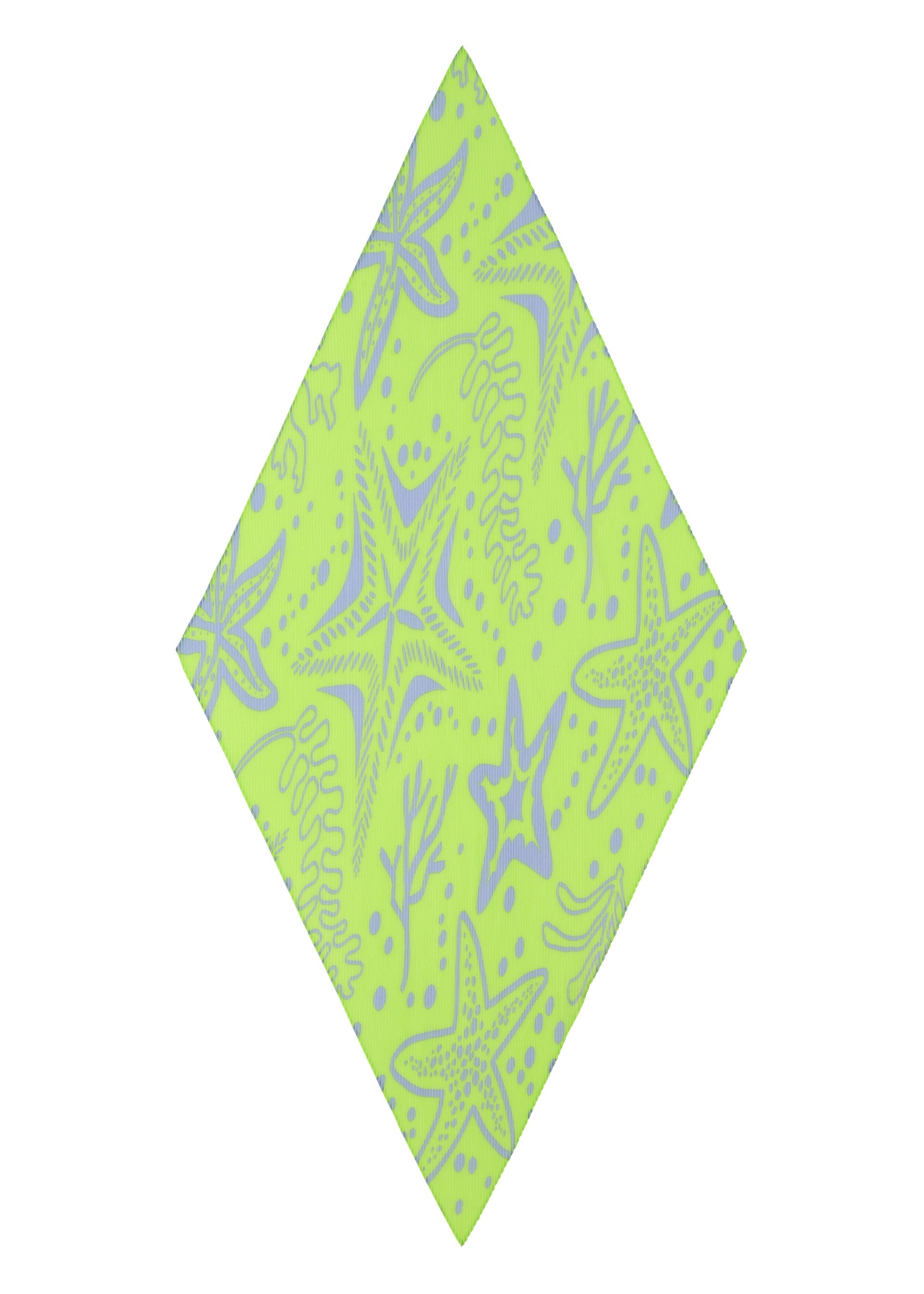 Zoomed view The STARFISH PLEATS STOLE by me ISSEY MIYAKE, featuring a starfish pattern and light blue seaweed motif, is shown at an angle on a white background.