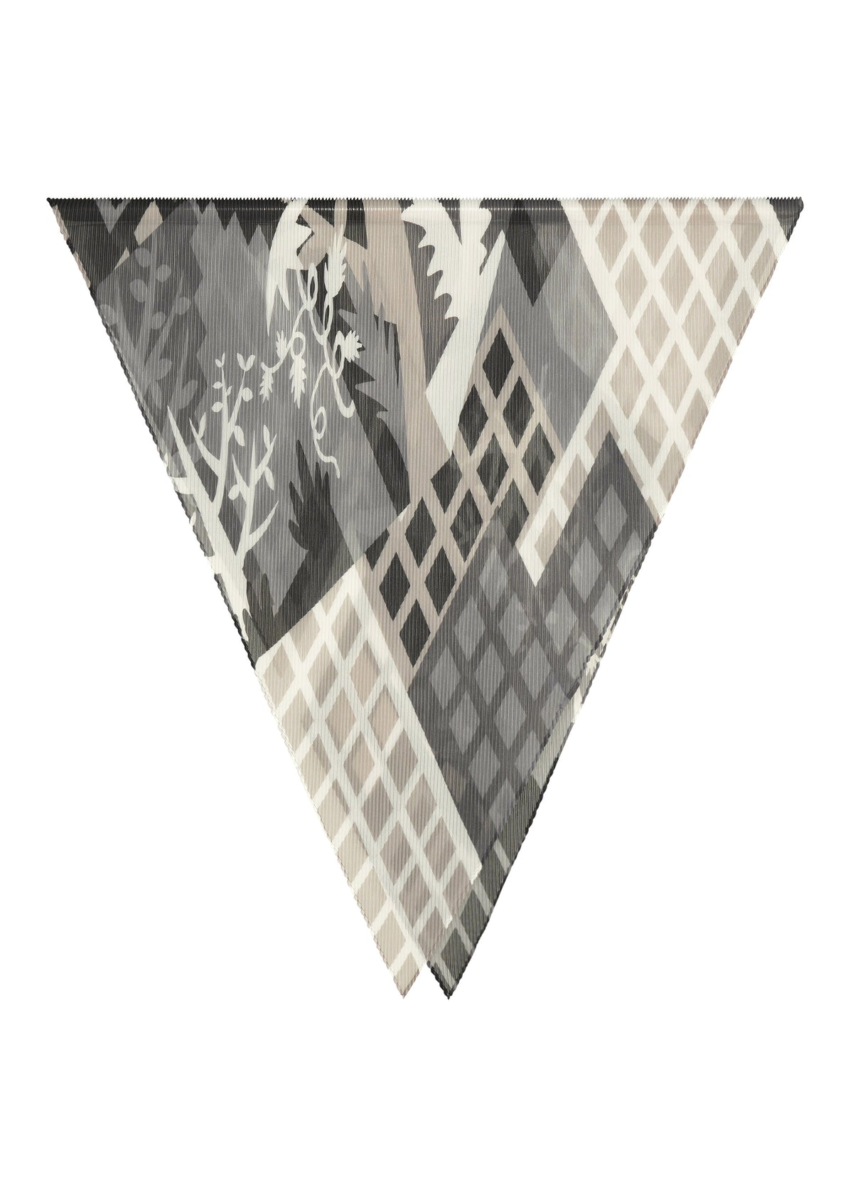The BUILDING PLEATS STOLE by me ISSEY MIYAKE is a triangular scarf adorned with a grayscale abstract pattern of geometric grids and foliage silhouettes, evoking the essence of urban rooftop farming, and presented on a white background. view 1 of 6