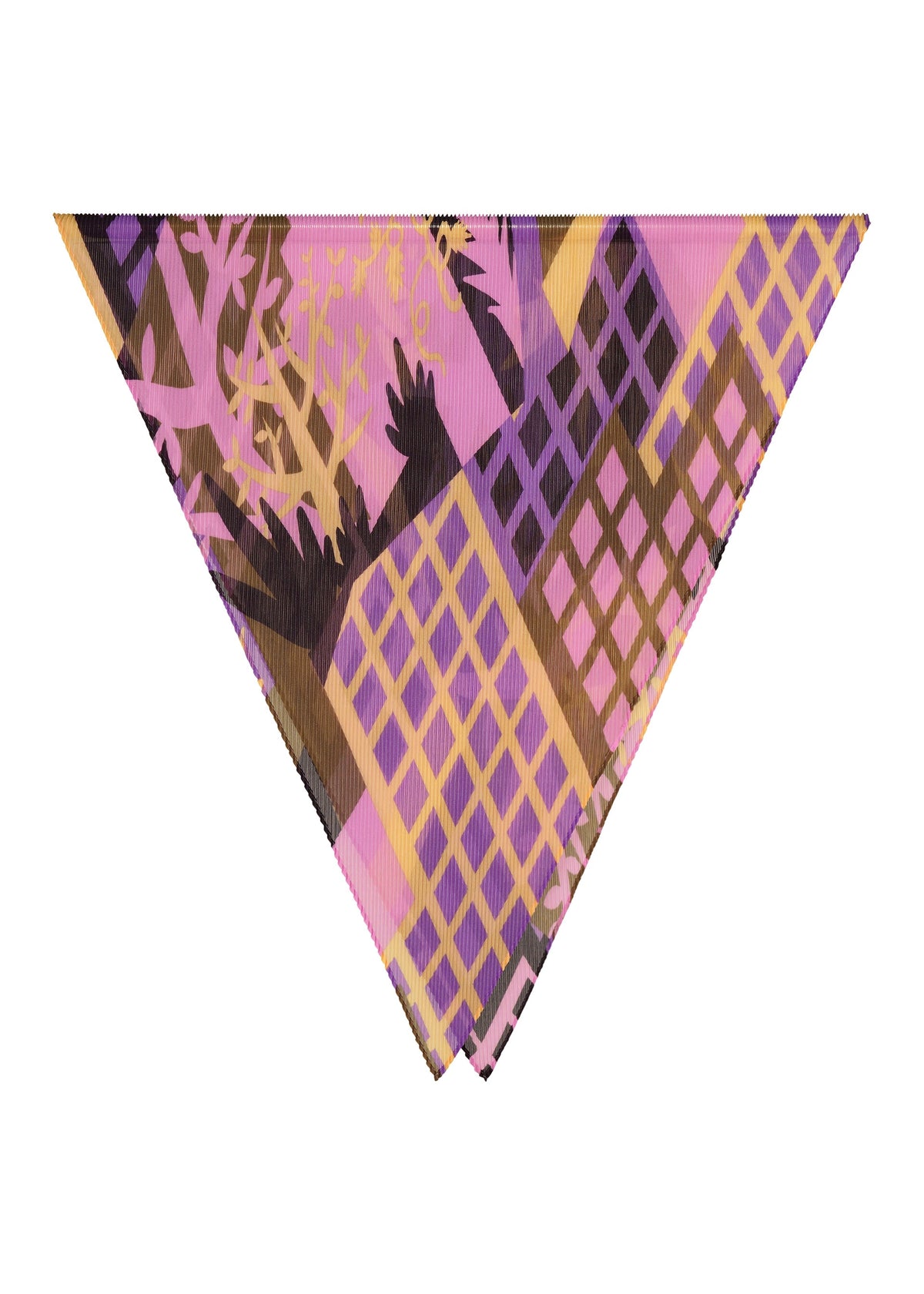 The BUILDING PLEATS STOLE by me ISSEY MIYAKE is a triangular scarf featuring an abstract cityscape design with buildings, trees, and shadows in yellow, brown, and black tones on a white background, accented with pink and purple. view 2 of 6
