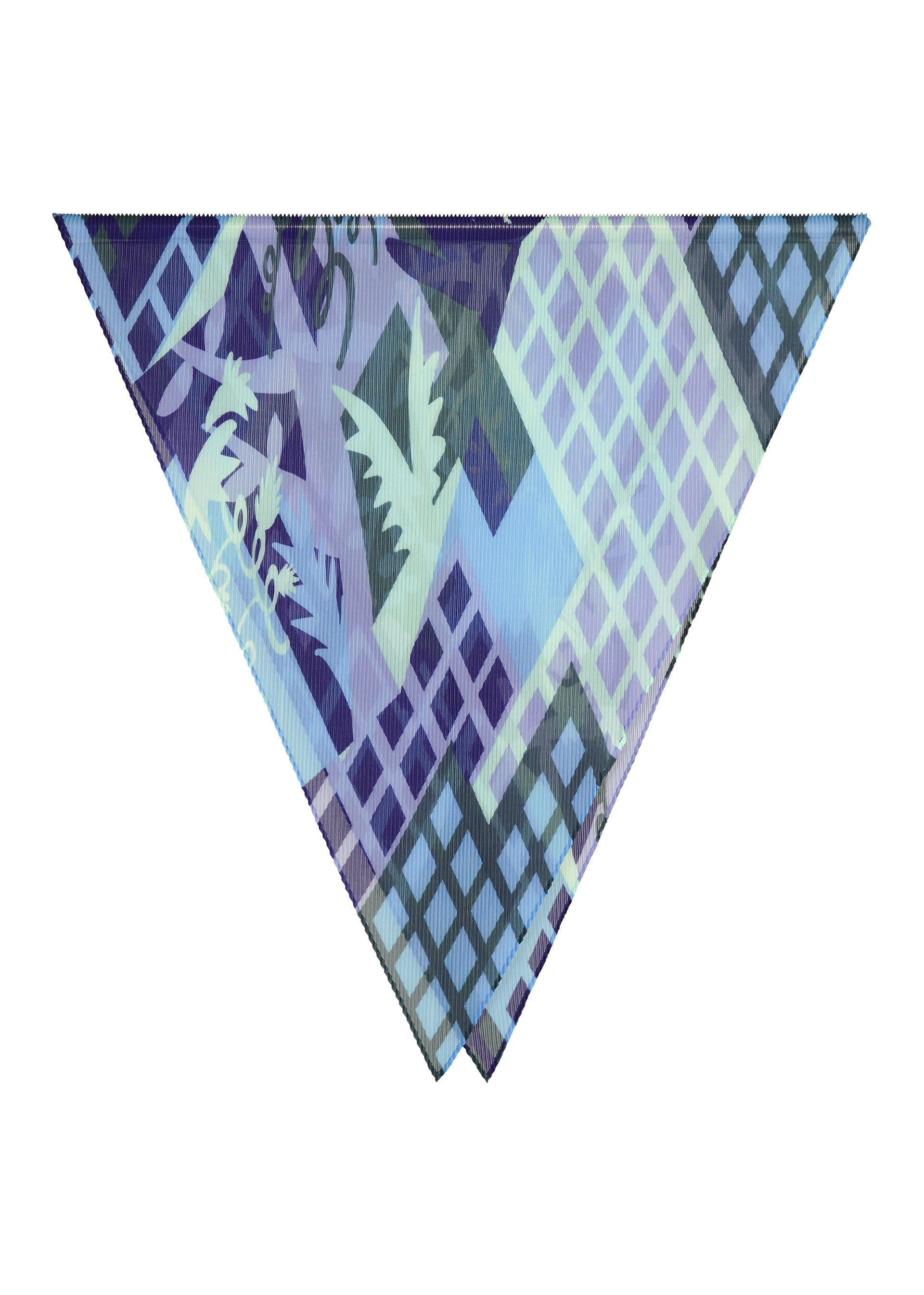Zoomed view The BUILDING PLEATS STOLE by me ISSEY MIYAKE is a triangular scarf showcasing a blue and purple geometric and leaf pattern, with an interplay of grid-like forms inspired by city rooftops alongside botanical silhouettes on a crisp white background. - BLUE-HUED （no.78）