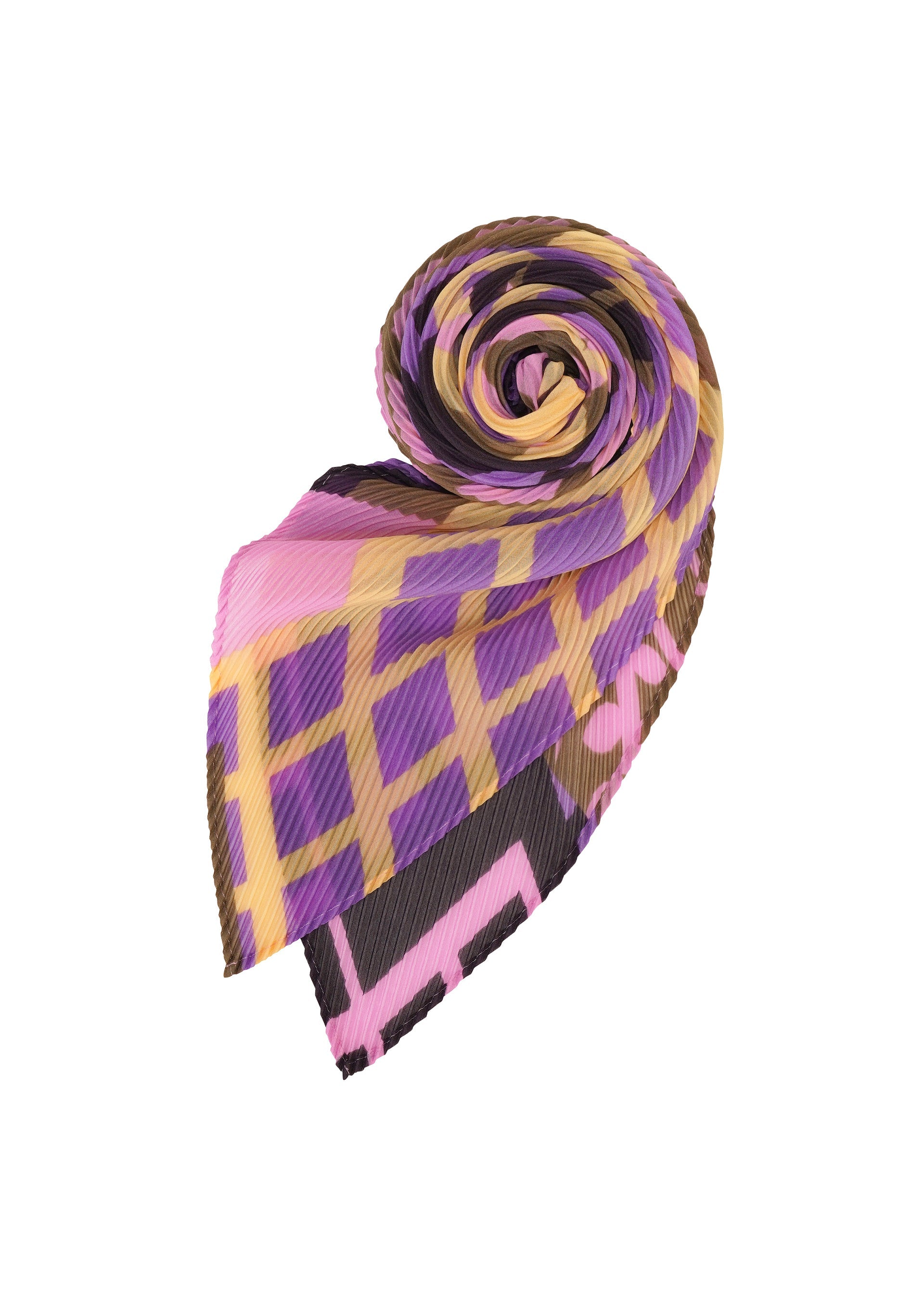 Zoomed view The BUILDING PLEATS STOLE by me ISSEY MIYAKE showcases a geometric motif in purple, yellow, pink, and brown pleats, expertly rolled against a white backdrop—an eye-catching accessory inspired by urban rooftops.