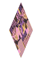 The BUILDING PLEATS STOLE by me ISSEY MIYAKE, featuring geometric and leaf patterns in shades of purple, yellow, pink, and brown inspired by city rooftops as seen from above, is displayed on a white background and positioned in a diamond shape.