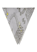 Introducing the PLANT PLEATS STOLE by me ISSEY MIYAKE—a light gray, triangular folded scarf adorned with abstract patterns including squiggly lines, checkerboard shapes, and subtle yellow accents against a white background. This striking accessory artfully blends contemporary motifs with understated elegance, making it perfect for enlivening any outfit. - GRAY-HUED （no.17）