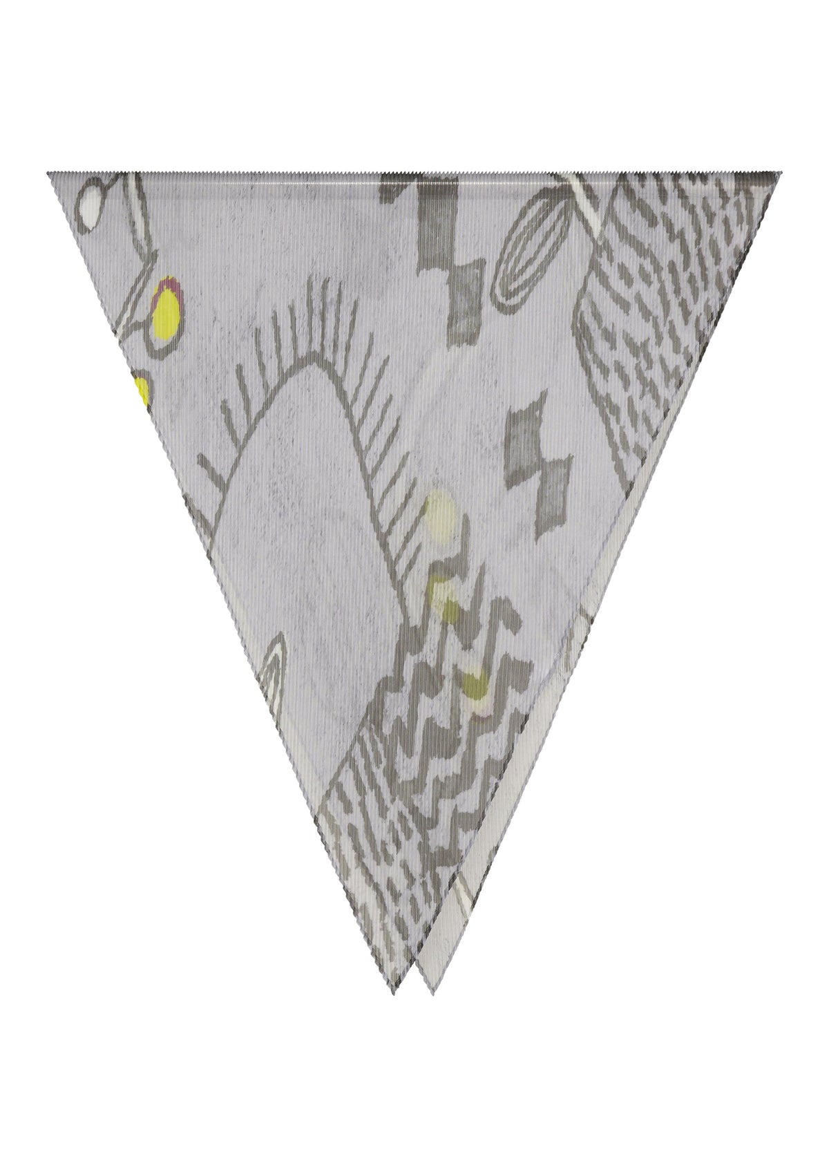 Zoomed view Introducing the PLANT PLEATS STOLE by me ISSEY MIYAKE—a light gray, triangular folded scarf adorned with abstract patterns including squiggly lines, checkerboard shapes, and subtle yellow accents against a white background. This striking accessory artfully blends contemporary motifs with understated elegance, making it perfect for enlivening any outfit. - GRAY-HUED （no.17）