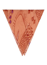 The PLANT PLEATS STOLE by me ISSEY MIYAKE—a folded, triangular scarf patterned in vibrant shades of orange, red, purple, and brown with abstract lines, curves, and wavy plant-inspired motifs—creates a striking look against a white background. - VERMILION-HUED （no.38）