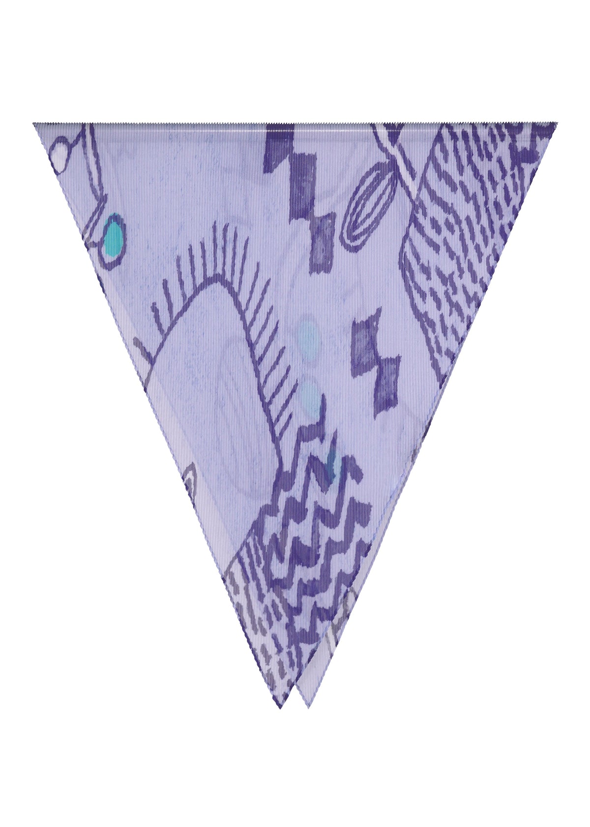 The PLANT PLEATS STOLE from me ISSEY MIYAKE is a triangular pleated stole adorned with purple abstract, geometric, and wavy patterns, accented by blue circular shapes and subtle plant motifs on a light background. view 3 of 6