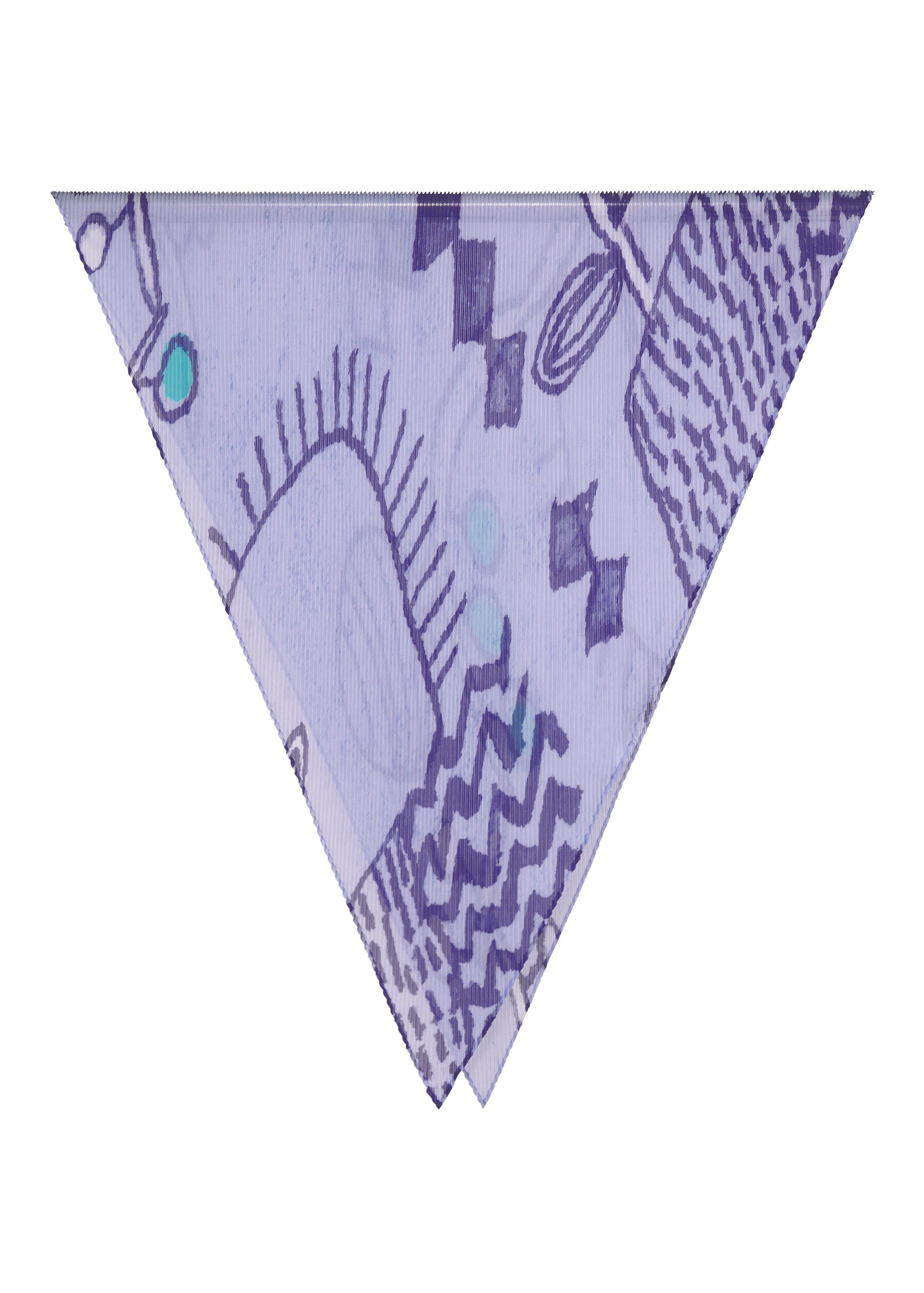 Zoomed view The PLANT PLEATS STOLE from me ISSEY MIYAKE is a triangular pleated stole adorned with purple abstract, geometric, and wavy patterns, accented by blue circular shapes and subtle plant motifs on a light background. - PURPLE-HUED （no.87）