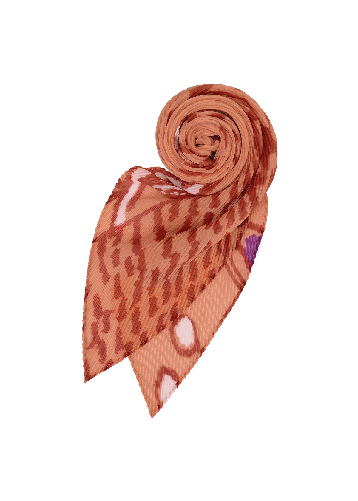 The PLANT PLEATS STOLE by me ISSEY MIYAKE features abstract plant patterns in orange and brown tones, with one end neatly rolled and the other end pointed, showcased against a white background. view 4 of 6