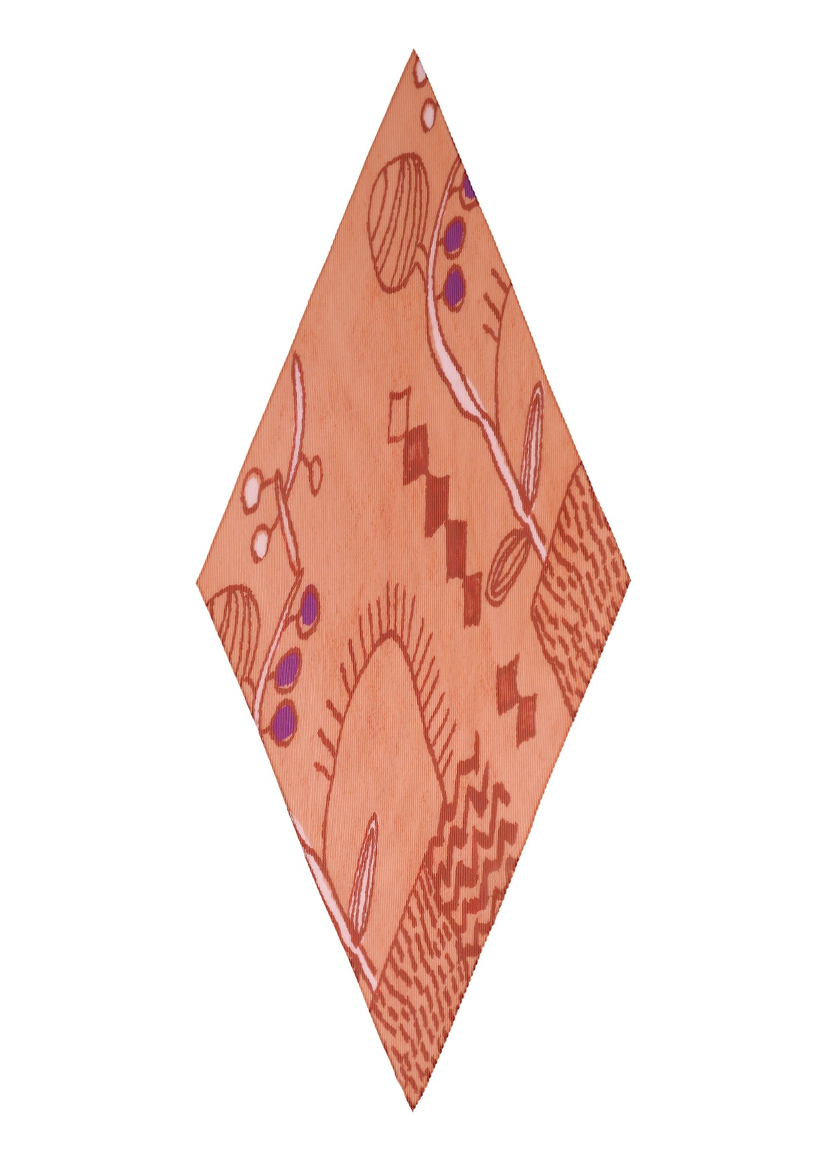 Zoomed view The PLANT PLEATS STOLE by me ISSEY MIYAKE is a diamond-shaped orange textile showcasing an abstract plant motif with tree and arch designs in brown and purple on a white background.