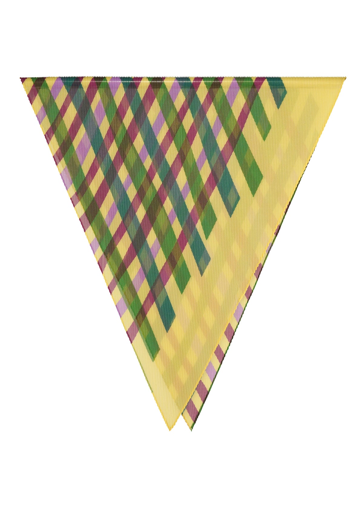 The TAPE CHECK PLEATS STOLE by me ISSEY MIYAKE features a yellow, triangular design with a colorful plaid pattern of green, purple, blue, and red stripes on a white background. view 2 of 6