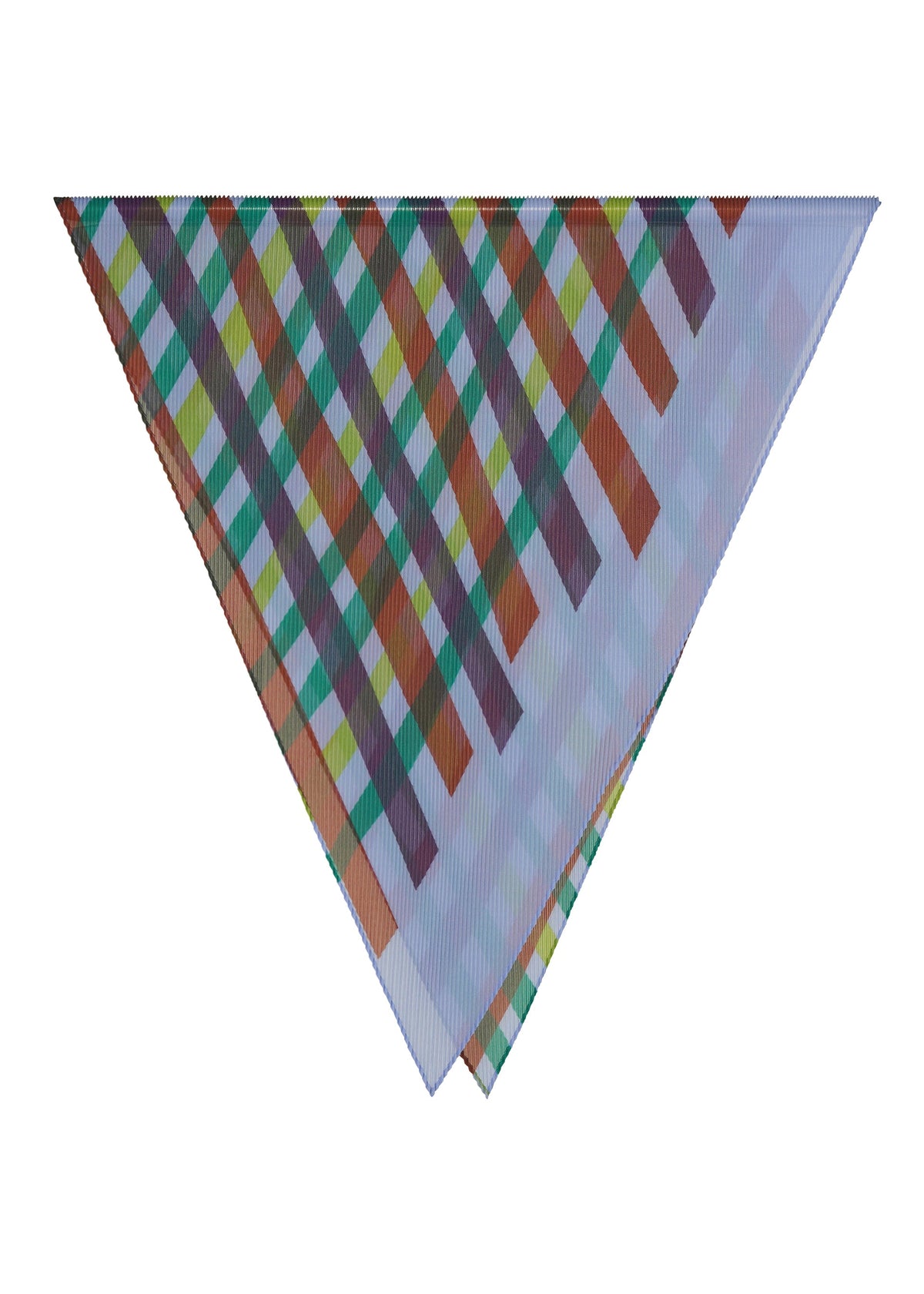 The TAPE CHECK PLEATS STOLE by me ISSEY MIYAKE is a triangular scarf with a multicolored diagonal plaid and subtle basket weave in orange, green, yellow, brown, and blue on white. view 3 of 6