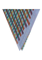 The TAPE CHECK PLEATS STOLE by me ISSEY MIYAKE is a triangular scarf with a multicolored diagonal plaid and subtle basket weave in orange, green, yellow, brown, and blue on white. - BLUE-HUED （no.78）