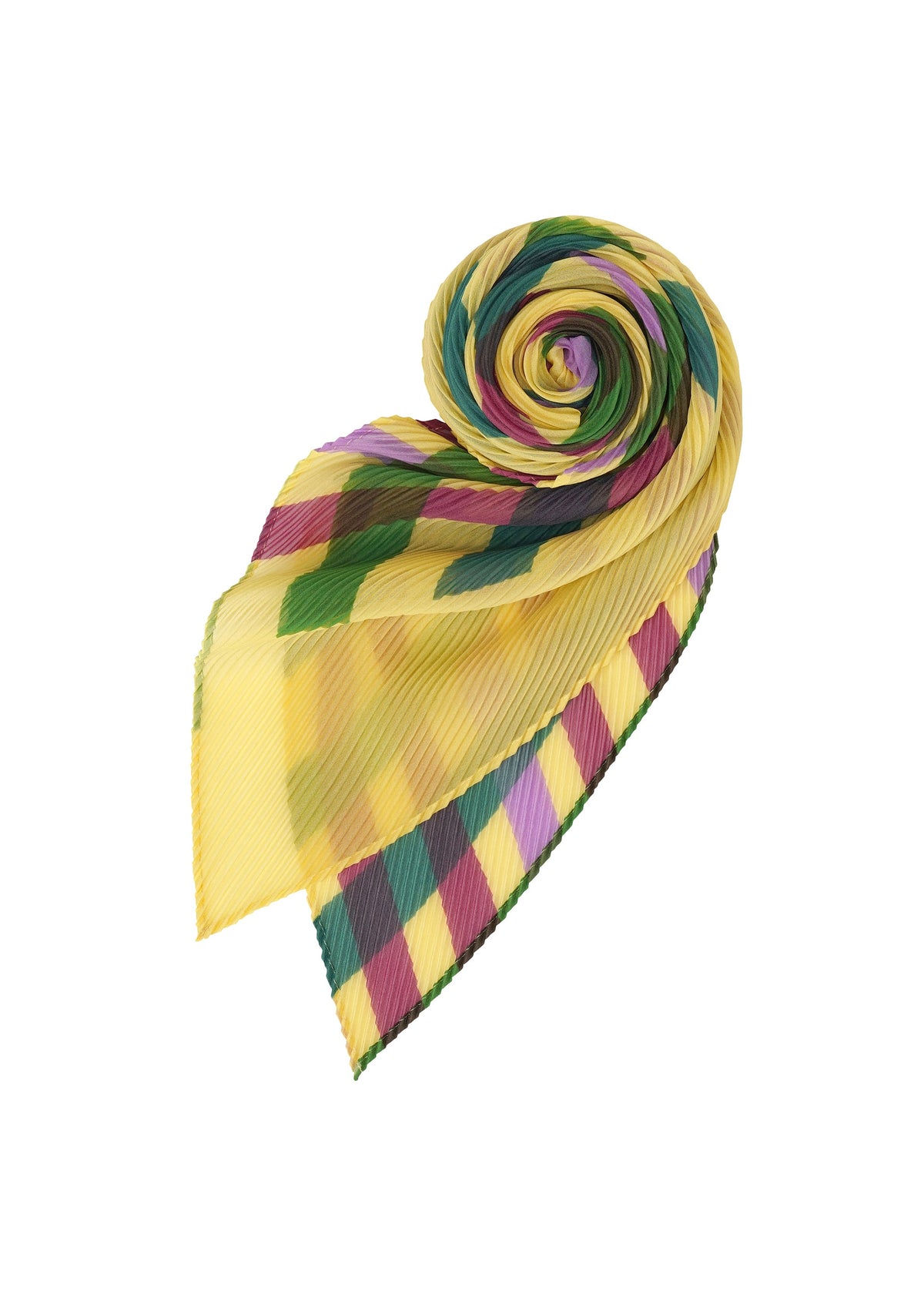 Zoomed view The TAPE CHECK PLEATS STOLE by me ISSEY MIYAKE, with yellow, green, purple, and maroon diamond patterns and basket weave details, is pleated and rolled into a spiral on a white background.
