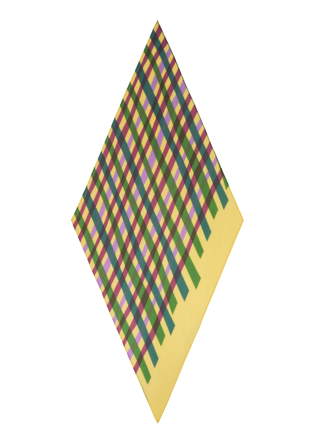 Zoomed view The TAPE CHECK PLEATS STOLE by me ISSEY MIYAKE features a colorful plaid and basket weave pattern with green, purple, yellow, and red on a square cloth. A yellow border with green accents highlights one edge.