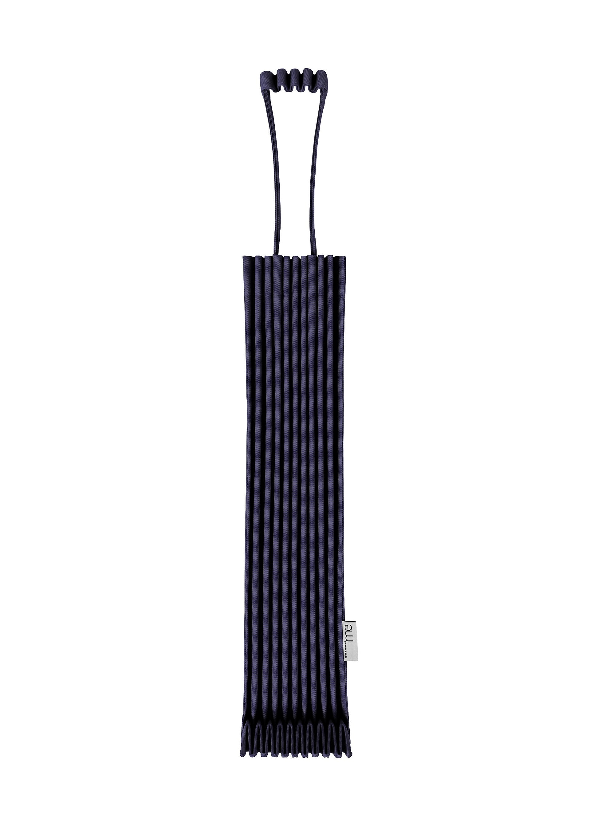 Zoomed view A dark blue, ribbed, cylindrical neoprene TRUNK PLEATS BAG 12 by me ISSEY MIYAKE features a unique looped handle at the top, making it ideal for holding or carrying items. Its vivid color and distinctive design ensure that it is both stylish and practical. - NAVY （no.75）