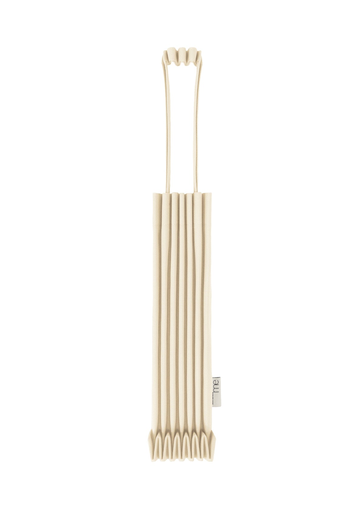 The TRUNK PLEATS BAG 12 by me ISSEY MIYAKE is a beige, pleated mini tote featuring two thin handles and a small tag on the side, photographed against a white background. view 1 of 14