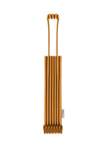 A brown, pleated, rectangular mini tote bag—me ISSEY MIYAKE’s TRUNK PLEATS BAG 12—featuring two handles and a small white side tag, displayed on a white background. - CAMEL （no.43）