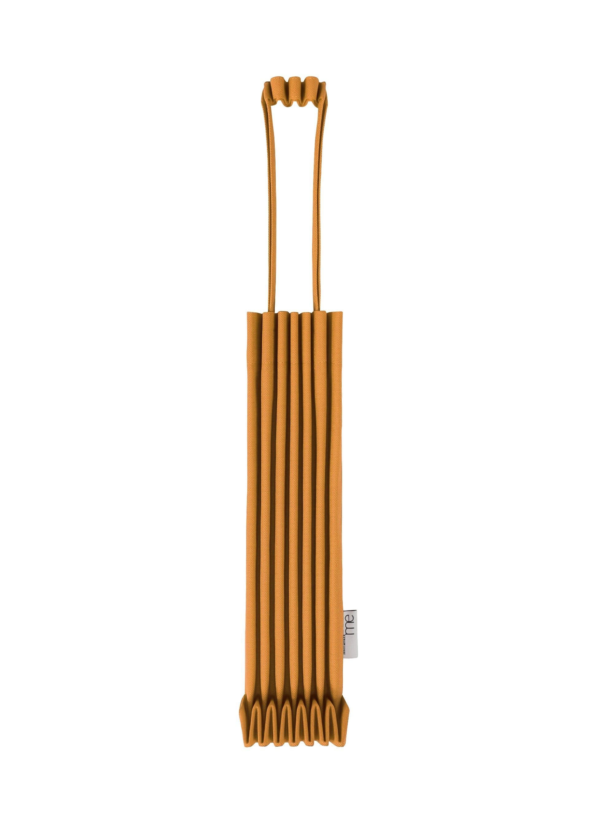 Zoomed view A brown, pleated, rectangular mini tote bag—me ISSEY MIYAKE’s TRUNK PLEATS BAG 12—featuring two handles and a small white side tag, displayed on a white background. - CAMEL （no.43）