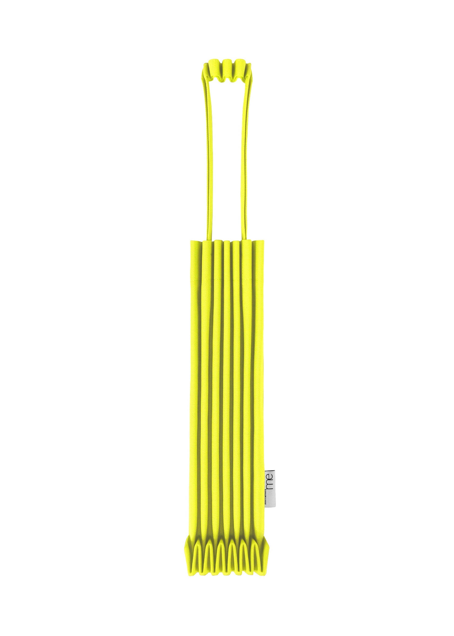 Zoomed view The TRUNK PLEATS BAG 12 by me ISSEY MIYAKE is a vibrant yellow mini tote with accordion-style pleats, two handles, and a small white side tag, shown against a white background. - LIME YELLOW （no.51）