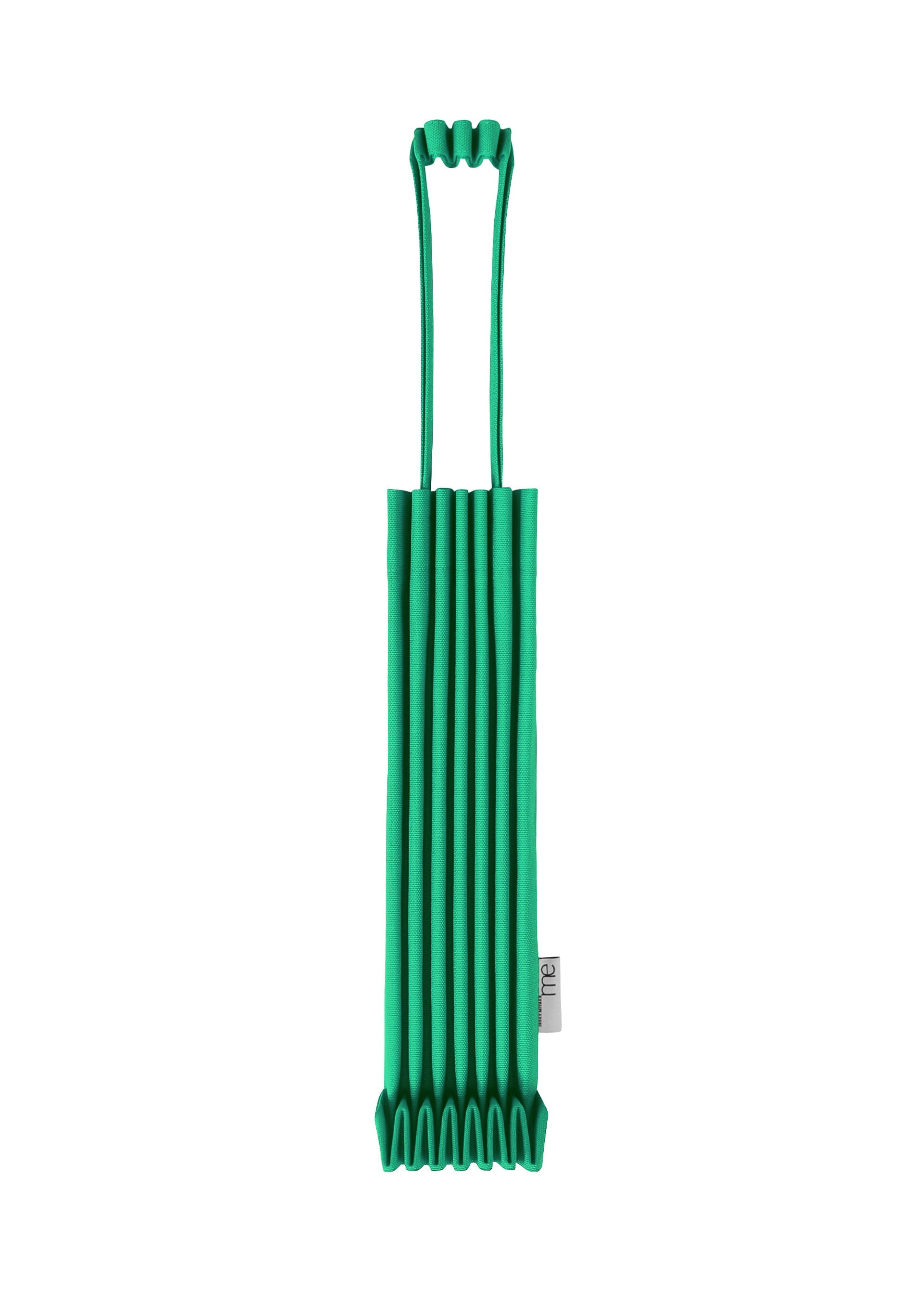 Zoomed view The TRUNK PLEATS BAG 12 by me ISSEY MIYAKE is a green pleated fabric mini tote bag featuring two handles and a small white side tag, displayed against a white background. - EMERALD GREEN （no.63）
