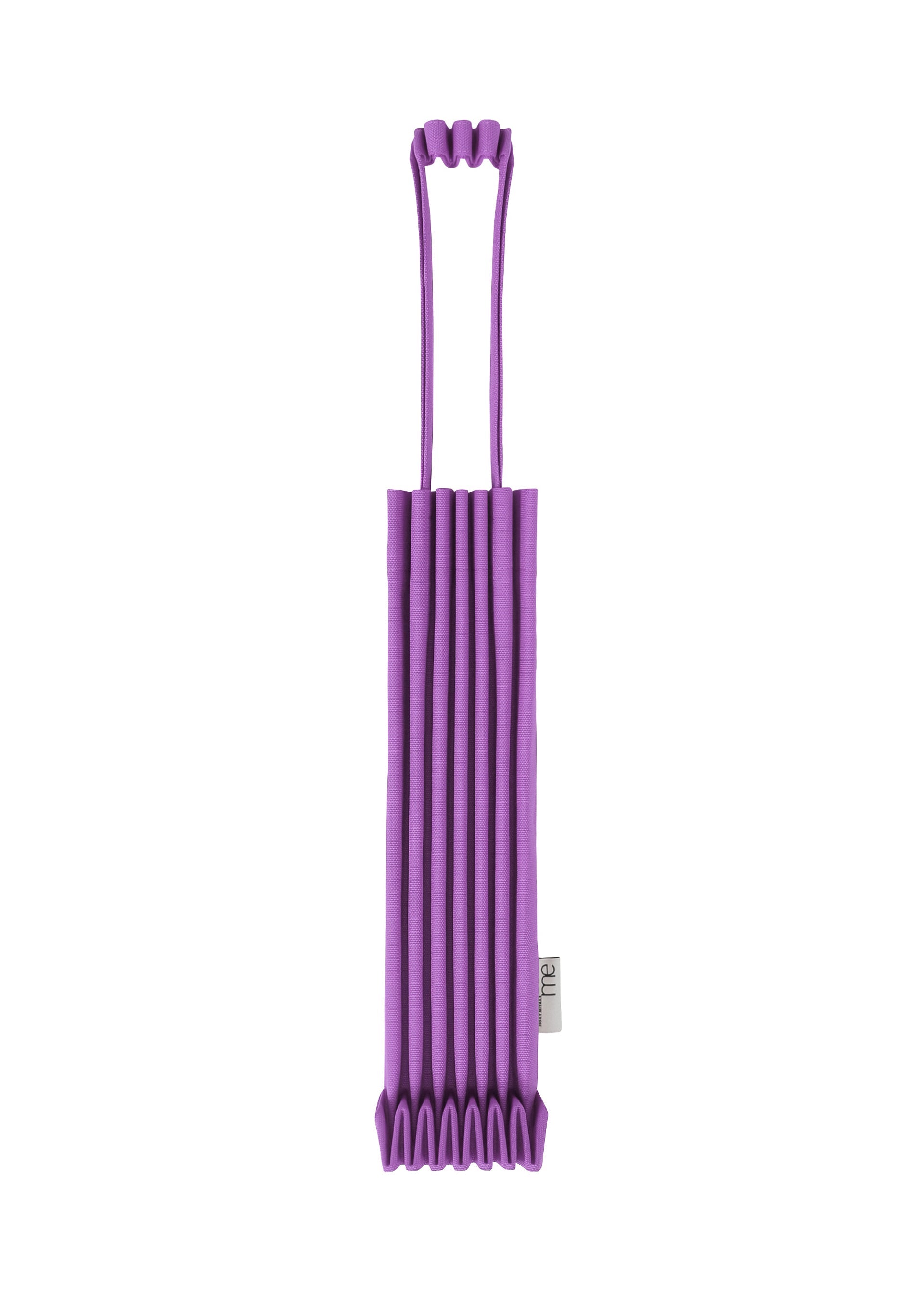 Zoomed view The TRUNK PLEATS BAG 12 by me ISSEY MIYAKE is a vivid purple pleated mini tote, showcased vertically against a white background. The bag features two matching handles and a small tag attached near its right side. - PURPLE （no.81）