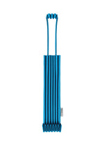 The TRUNK PLEATS BAG 12 by me ISSEY MIYAKE, in a vivid blue color with an elongated pleated design, features a small top handle and a white tag on the right side, and is photographed against a white background. - CYAN （no.93）