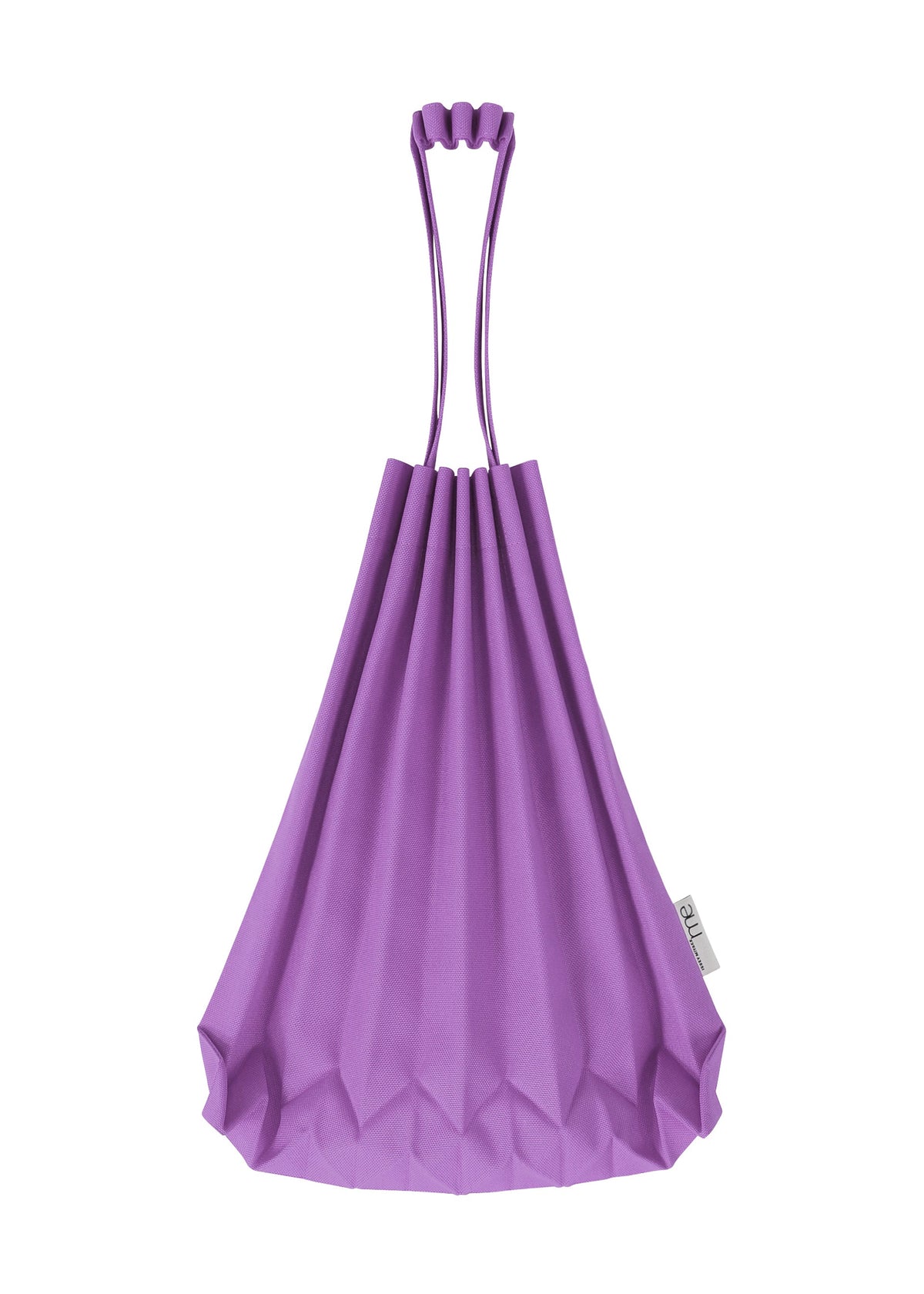 A vivid color accessory from me ISSEY MIYAKE, the TRUNK PLEATS BAG 12 is a purple mini tote showcasing elegant pleating, two looped handles, and a small white tag on the right side. view 13 of 14