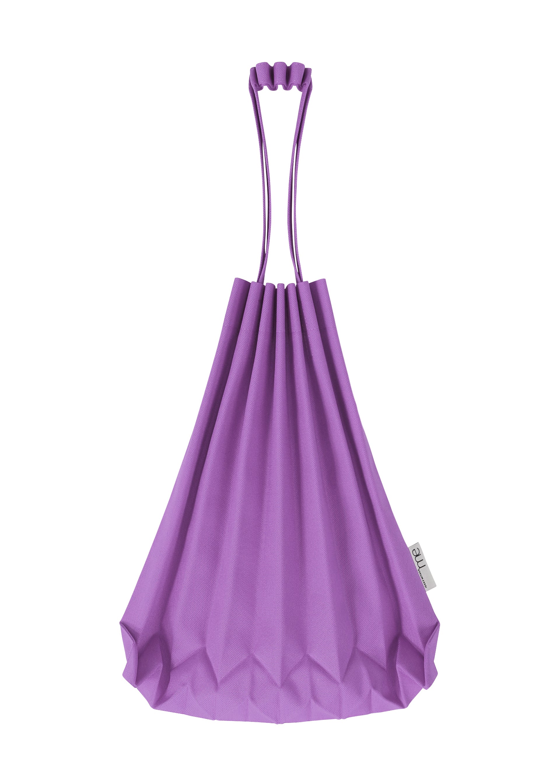 Zoomed view A vivid color accessory from me ISSEY MIYAKE, the TRUNK PLEATS BAG 12 is a purple mini tote showcasing elegant pleating, two looped handles, and a small white tag on the right side.