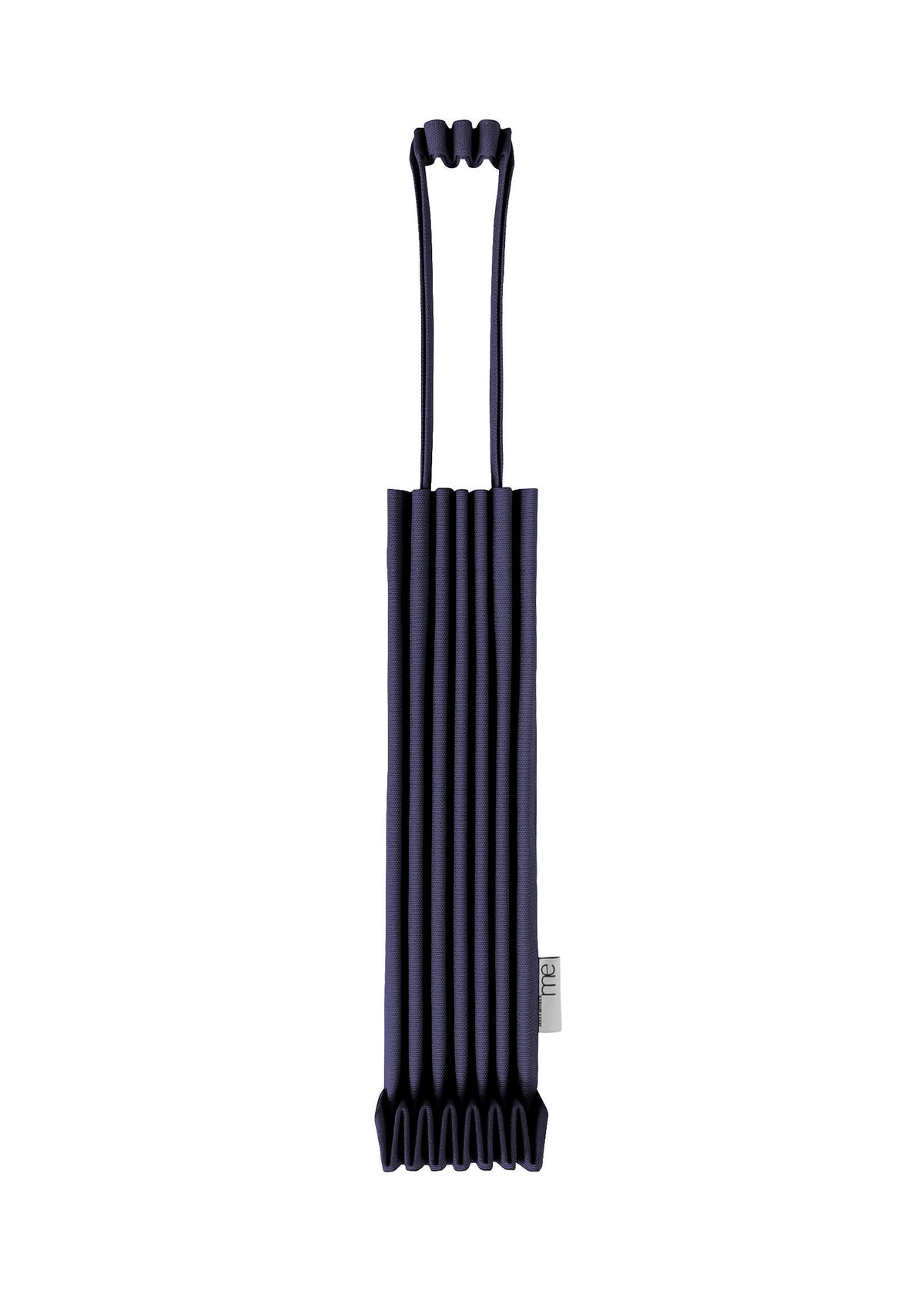 The TRUNK PLEATS BAG 12 by me ISSEY MIYAKE is a dark blue mini tote featuring vertical pleats, two top handles, and a small white side tag, its striking color highlighted against a white background. view 6 of 14