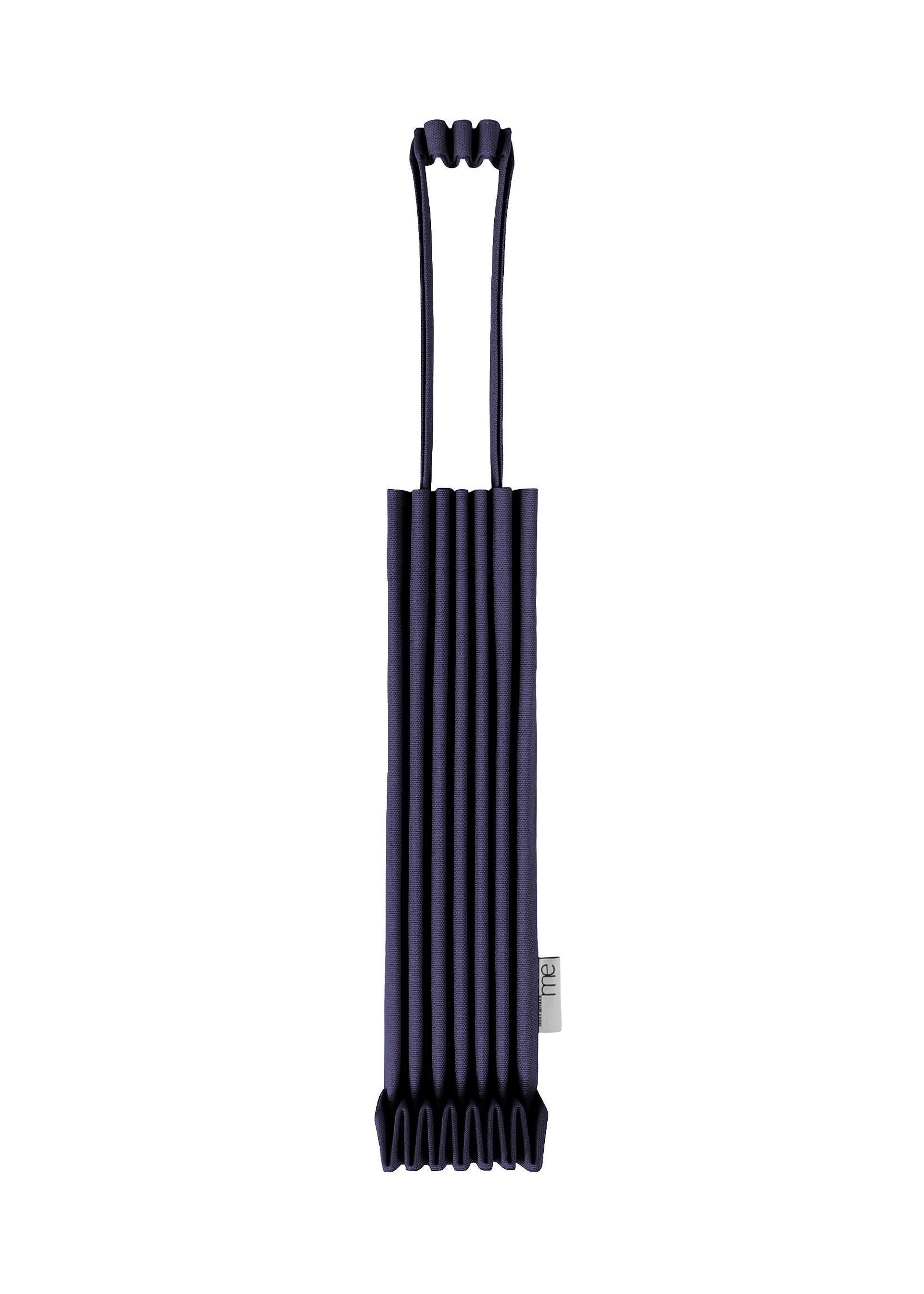 Zoomed view The TRUNK PLEATS BAG 12 by me ISSEY MIYAKE is a dark blue mini tote featuring vertical pleats, two top handles, and a small white side tag, its striking color highlighted against a white background. - NAVY （no.75）