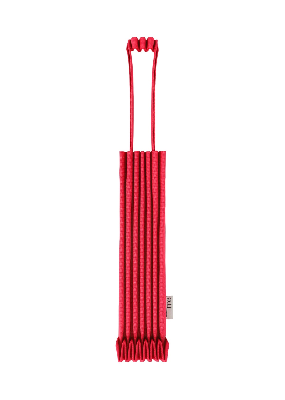 The TRUNK PLEATS BAG 12 by me ISSEY MIYAKE is a vibrant red accordion-style bag with bold pleated sections and two looped handles, shown laid flat against a white background. view 10 of 14