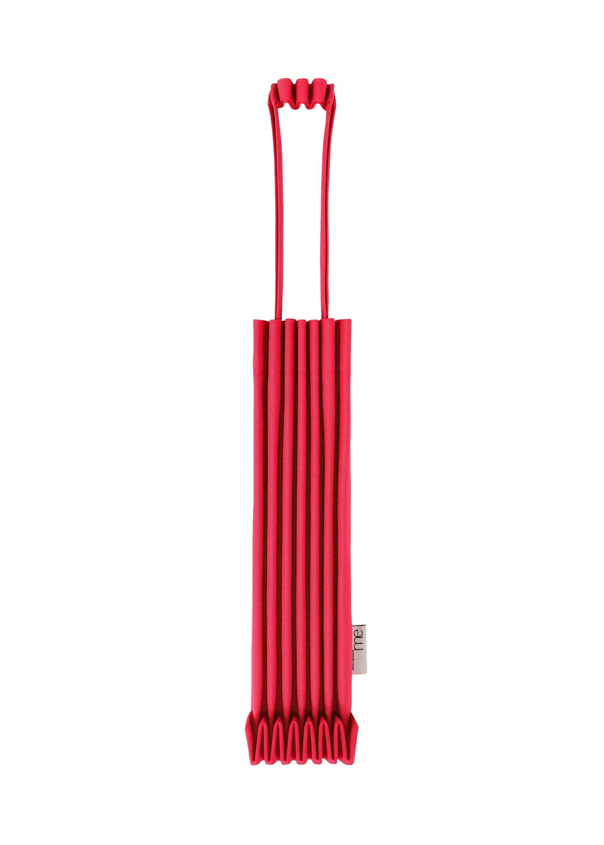 Zoomed view The TRUNK PLEATS BAG 12 by me ISSEY MIYAKE is a vibrant red accordion-style bag with bold pleated sections and two looped handles, shown laid flat against a white background. - CHERRY RED （no.92）