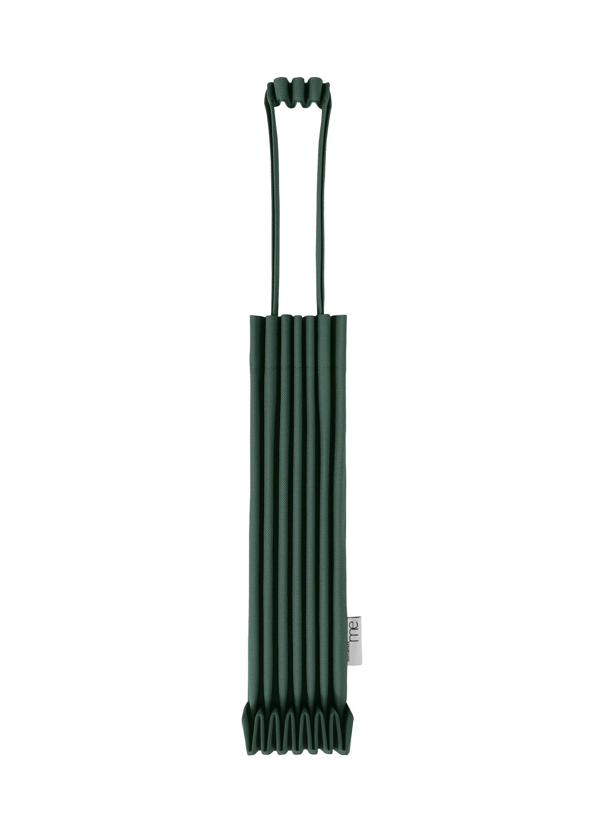 The TRUNK PLEATS BAG 12 by me ISSEY MIYAKE is a rectangular mini tote in dark green with vivid color, showcasing elegant pleating, two looped handles, and a small white tag on the side. It is displayed against a clean white background. view 12 of 14