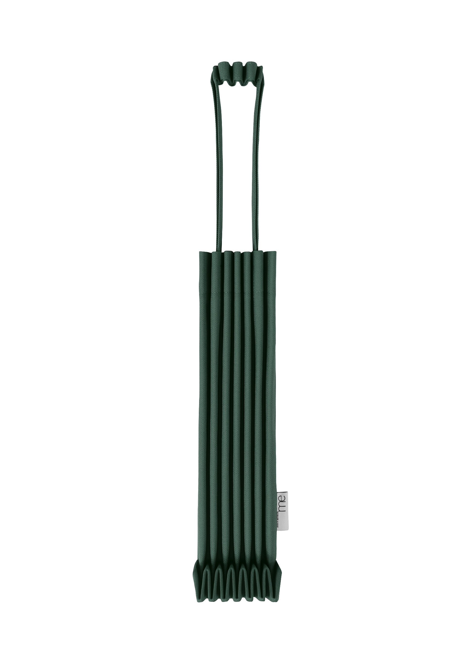 Zoomed view The TRUNK PLEATS BAG 12 by me ISSEY MIYAKE is a rectangular mini tote in dark green with vivid color, showcasing elegant pleating, two looped handles, and a small white tag on the side. It is displayed against a clean white background. - DARK GREEN （no.94）